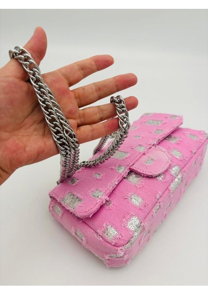 Pullu Pembe Kot Kumaş, Denim Çanta Zincirli indirimleri