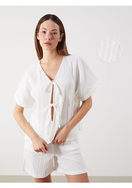 Yeni Sezon V Yaka Dokulu Onu Fiyonklu Muslin Bluz - S5QB37Z8