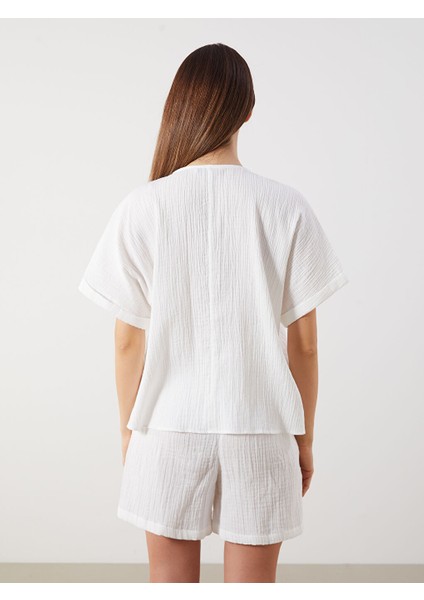 Yeni Sezon V Yaka Dokulu Onu Fiyonklu Muslin Bluz - S5QB37Z8 fırsatları