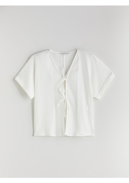 Yeni Sezon V Yaka Dokulu Onu Fiyonklu Muslin Bluz - S5QB37Z8 indirimleri