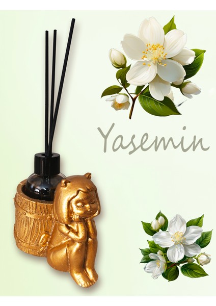 Yasemin Esanslı Oda Kokusu-Çubuklu Cam Şişe 50ML -Gold Renk Kedi Kız Figürlü Biblo Tasarım