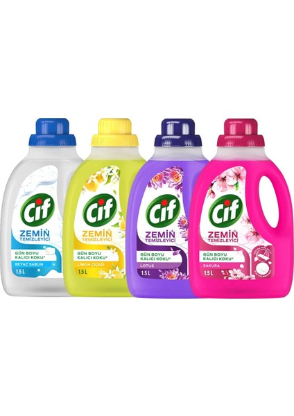 Zemin Temizleyici 1500 ml Beyaz Sabun X1 + Limon Çiçeği X1 + Lotus X1 + Sakura X1 modelleri