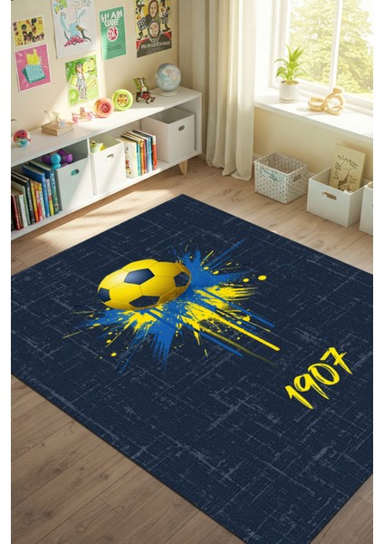 Sarı Lacivert Taraftar Halısı Dijital Baskılı Dokuma Kaymaz Tabanlı Yıkanabilir Genç Odası Halısı
