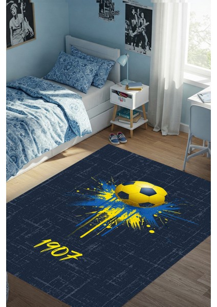 Sarı Lacivert Taraftar Halısı Dijital Baskılı Dokuma Kaymaz Tabanlı Yıkanabilir Genç Odası Halısı