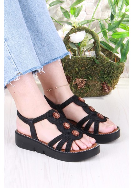 079-505 Fls Toka Detaylı Lastik Bağlı Kalın Taban Kadın Sandalet