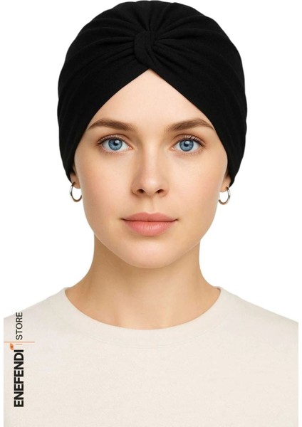 Düğümlü Dış Bone Siyah | Hazır Bağlı Sosyete Yarım Şal Modeli | Tesettür Rahat ve Şık Bone