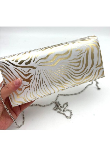 Gold Zebra Desenli Abiye Çanta Zincirli