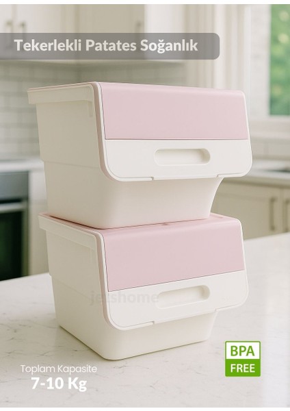 2’li Tekerlekli Patateslik Soğanlık Erzak Kutusu Organizer Sebzelik Beyaz-Pembe 24 Lt