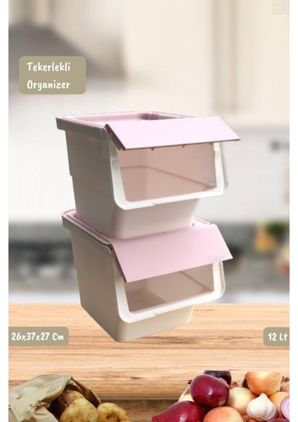 2’li Tekerlekli Patateslik Soğanlık Erzak Kutusu Organizer Sebzelik Beyaz-Pembe 24 Lt fiyatları