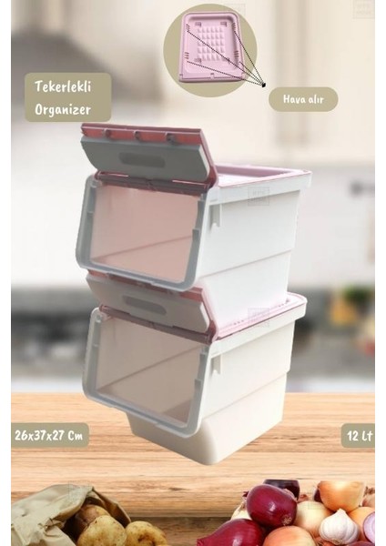 2’li Tekerlekli Patateslik Soğanlık Erzak Kutusu Organizer Sebzelik Beyaz-Pembe 24 Lt modelleri