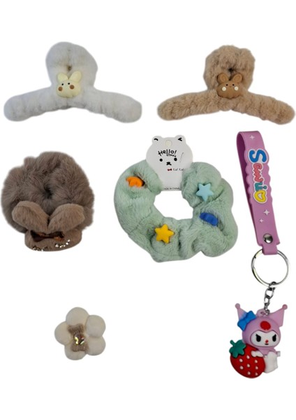 Kız Çocuk Mandal Toka Simit Toka Lastikli Zirkon Taşlı Toka Las. Kuromi Anahtar. 6 Lı Set
