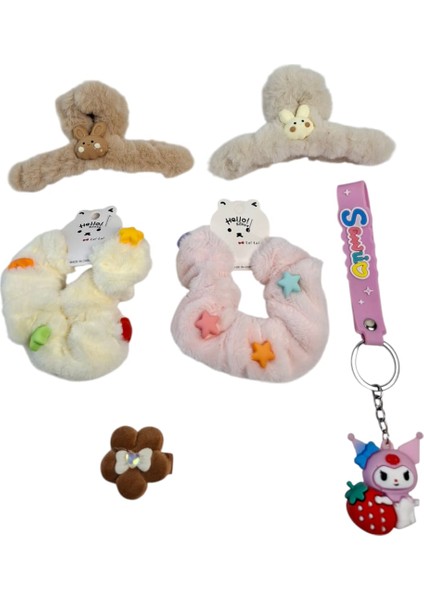 Kız Çocuk Mandal Toka Simit Toka Lastikli Zirkon Taşlı Toka Las. Kuromi Anahtar. 6 Lı Set