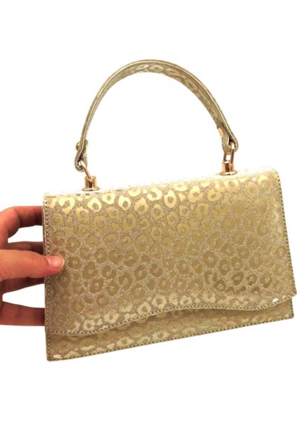 Gold Simli Leopar Desenli Abiye Çanta Zincirli