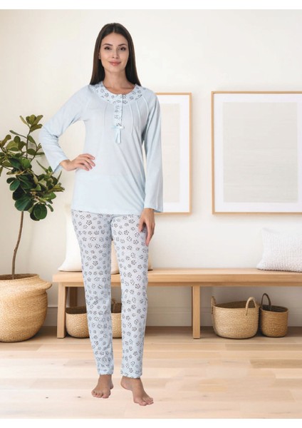 Dvina Effortt Lohusa Desenli Pijama Takımı Mavi - 3065