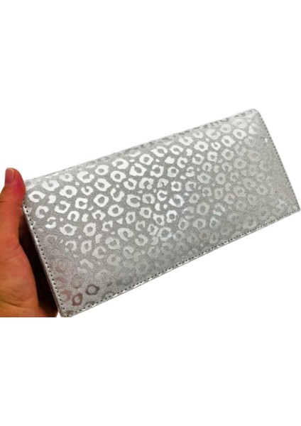 Gümüş Simli Leopar Desenli Abiye Çanta Zincirli