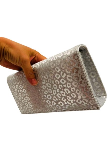 Gümüş Simli Leopar Desenli Abiye Çanta Zincirli modelleri