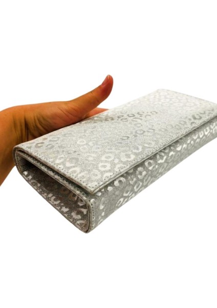 Gümüş Simli Leopar Desenli Abiye Çanta Zincirli fırsatları