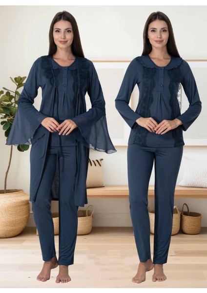 Dvina Effortt Lohusa Sabahlıklı Pijama Takımı Lacivert - 3084