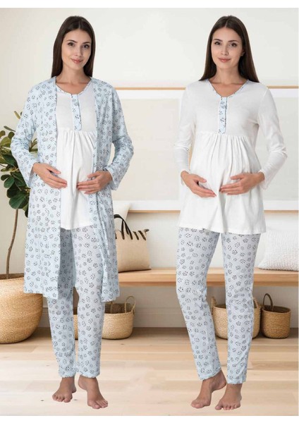 Dvina Effortt Lohusa Desenli Sabahlıklı Pijama Takımı Ekru-Mavi - 3064