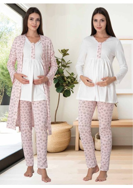 Dvina Effortt Lohusa Desenli Sabahlıklı Pijama Takımı Ekru-Pembe - 3064