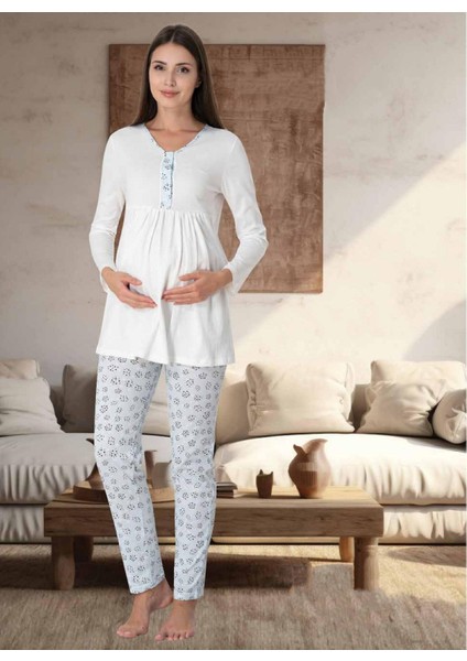 Dvina Effortt Lohusa Desenli Pijama Takımı Ekru-Mavi - 3062