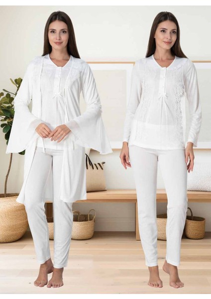 Dvina Effortt Lohusa Sabahlıklı Pijama Takımı Ekru - 3084