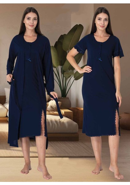 Dvina Effortt Lohusa Sabahlıklı Gecelik Takımı Lacivert - 3075