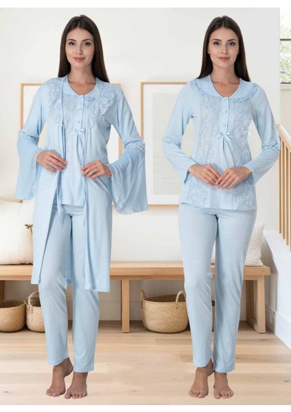 Dvina Effortt Lohusa Sabahlıklı Pijama Takımı Mavi - 3084