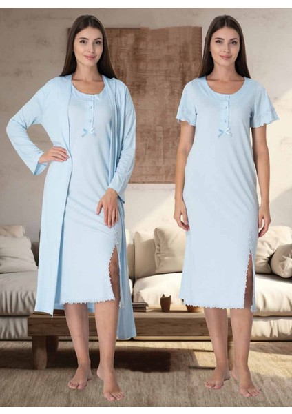 Dvina Effortt Lohusa Sabahlıklı Gecelik Takımı Mavi - 3075
