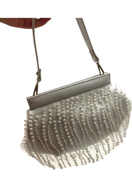 Incili Beyaz Renk Gelin Çantası Abiye Çanta