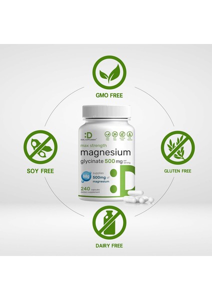 Max Strength Magnesium(Magnezyum) Glycinate 500 mg 240 Caps Mineral Sleep Health fiyatları