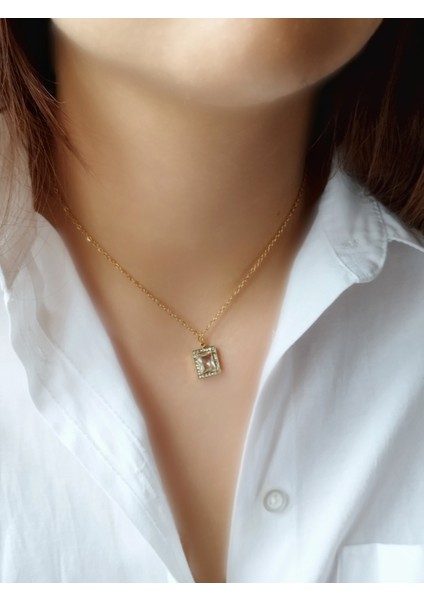 Ladybirdbujiteri Zirkon Taşlı Kare Model Baget Çelik Kolye
