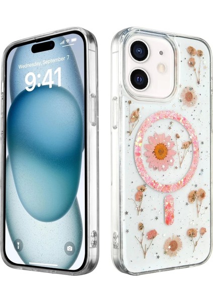 iPhone 12 Kılıf Daisy Simli Magsafe Kapak - Pembe