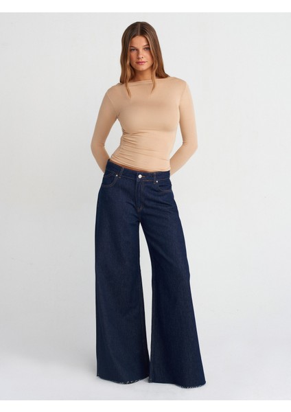 71744 Paçası Dikişsiz Culotte Denim Pantolon-Lacivert