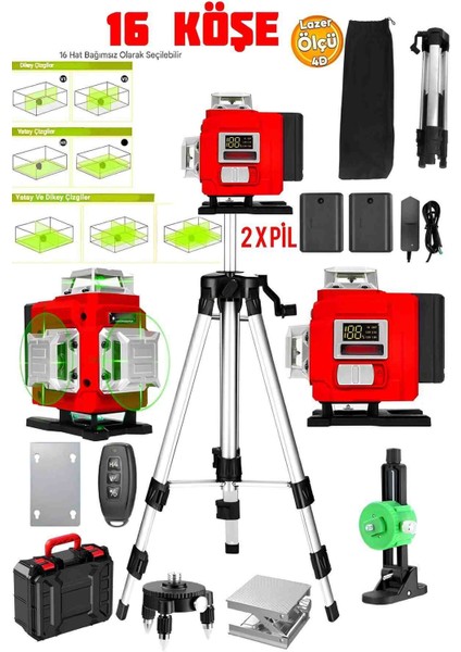 16 Köşe Göstergeli 4d Lazer Metre Terazi 360 Tripod Çapraz Çizgi Yeşil Yapı Fayans Alan Ölçme Inşaat
