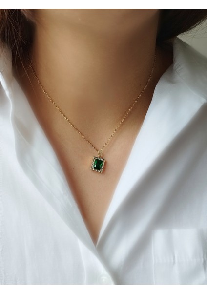 Ladybirdbujiteri Zirkon Taşlı Kare Model Baget Çelik Kolye