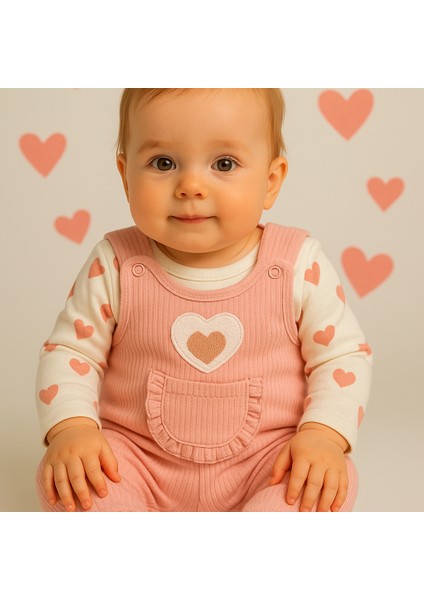 Kalpli Kız Bebek Tulum 3’lü Tulum Seti – Kollu Zıbın, Cepli Tulum ve Çorap | 3-6-9 Ay Bebek Kıyafeti