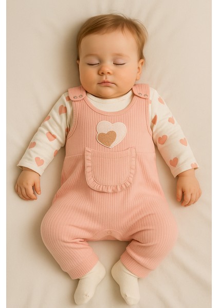 Kalpli Kız Bebek Tulum 3’lü Tulum Seti – Kollu Zıbın, Cepli Tulum ve Çorap | 3-6-9 Ay Bebek Kıyafeti modelleri