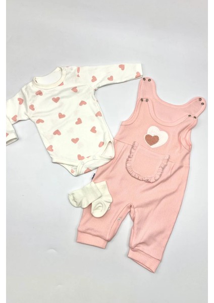 Kalpli Kız Bebek Tulum 3’lü Tulum Seti – Kollu Zıbın, Cepli Tulum ve Çorap | 3-6-9 Ay Bebek Kıyafeti indirimleri