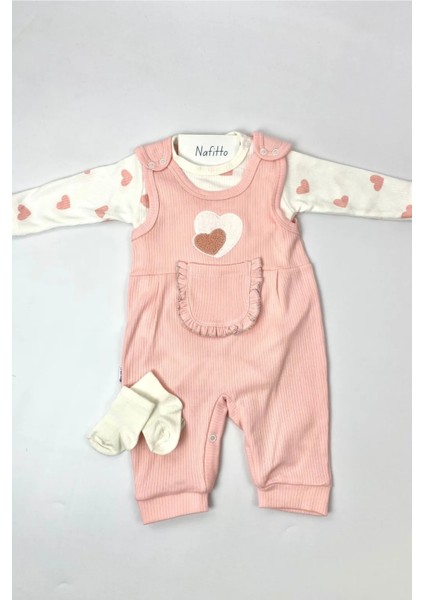 Kalpli Kız Bebek Tulum 3’lü Tulum Seti – Kollu Zıbın, Cepli Tulum ve Çorap | 3-6-9 Ay Bebek Kıyafeti