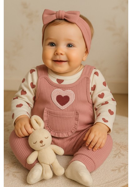 Kalpli Kız Bebek Tulum 3’lü Tulum Seti – Kollu Zıbın, Cepli Tulum ve Çorap | 3-6-9 Ay Bebek Kıyafeti