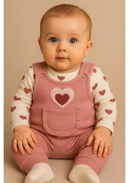 Kalpli Kız Bebek Tulum 3’lü Tulum Seti – Kollu Zıbın, Cepli Tulum ve Çorap | 3-6-9 Ay Bebek Kıyafeti modelleri