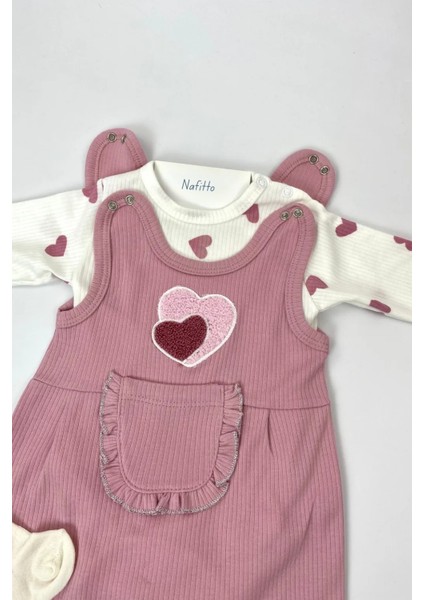 Kalpli Kız Bebek Tulum 3’lü Tulum Seti – Kollu Zıbın, Cepli Tulum ve Çorap | 3-6-9 Ay Bebek Kıyafeti