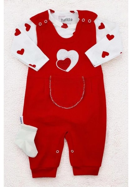 Kalpli Kız Bebek Tulum 3’lü Tulum Seti – Kollu Zıbın, Cepli Tulum ve Çorap | 3-6-9 Ay Bebek Kıyafeti