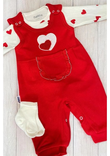 Kalpli Kız Bebek Tulum 3’lü Tulum Seti – Kollu Zıbın, Cepli Tulum ve Çorap | 3-6-9 Ay Bebek Kıyafeti
