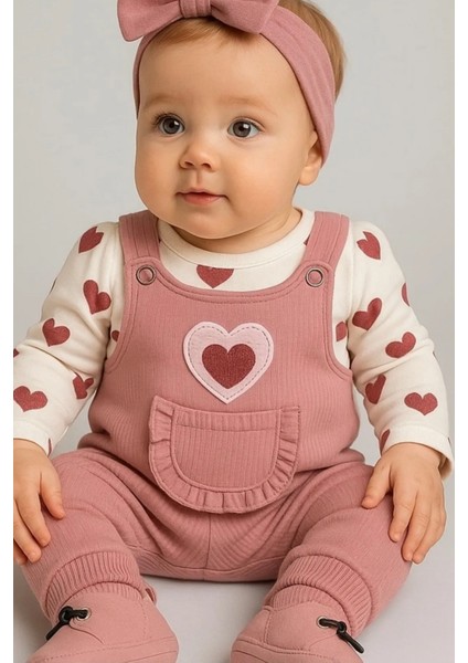 Kalpli Kız Bebek Tulum 3’lü Tulum Seti – Kollu Zıbın, Cepli Tulum ve Çorap | 3-6-9 Ay Bebek Kıyafeti