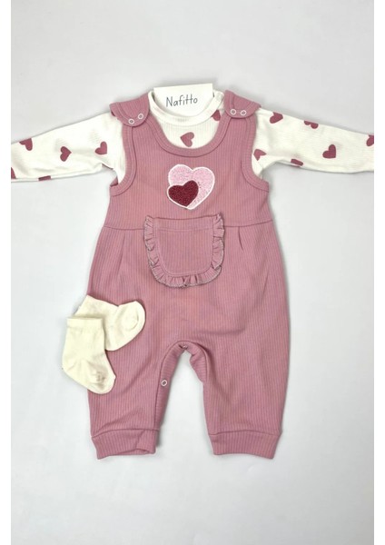 Kalpli Kız Bebek Tulum 3’lü Tulum Seti – Kollu Zıbın, Cepli Tulum ve Çorap | 3-6-9 Ay Bebek Kıyafeti