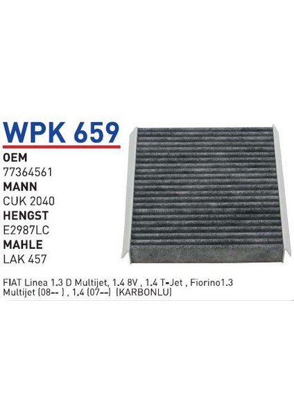 Wpk659 Oem 77364561 fiat linea Fiorino multijet Otomobil polen filtre pollen filter