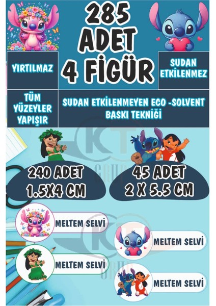 Lilo ve Stitch Okul Etiketi Kalem Defter Etiketi Özel Isimli Etiket 4 Figür - 285 Adet