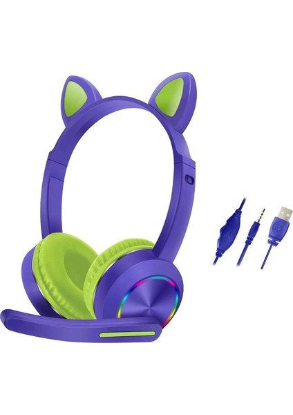 Bfs AKZ020 Kafa Üstü Işıklı Kedi Kulaklık - Mor